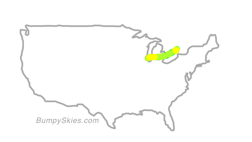 Map of continental US with illustrated flight path and turbulence forecast (described in text below)