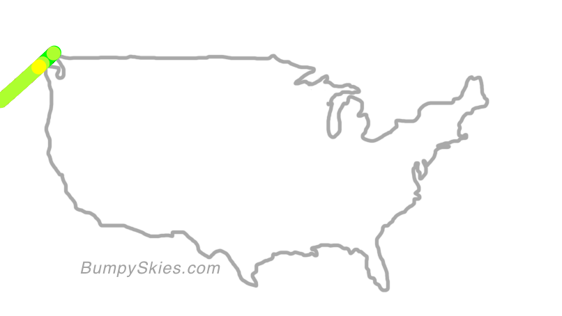 Map of continental US with illustrated flight path and turbulence forecast (described in text below)