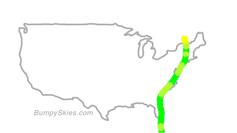 Map of continental US with illustrated flight path and turbulence forecast (described in text below)