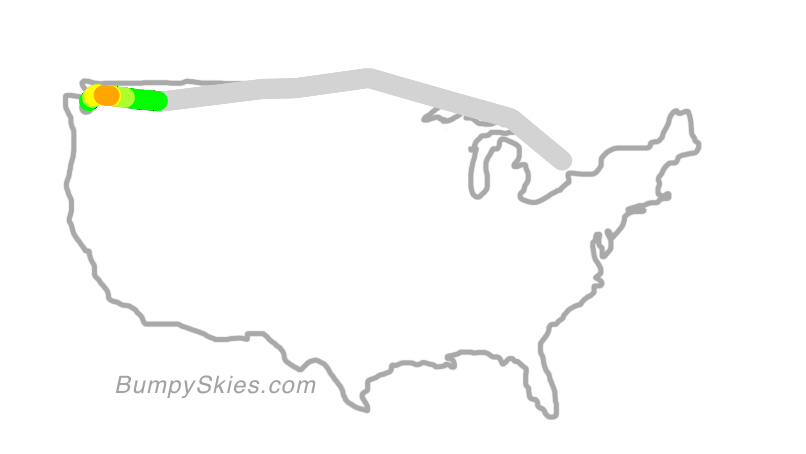 Map of continental US with illustrated flight path and turbulence forecast (described in text below)
