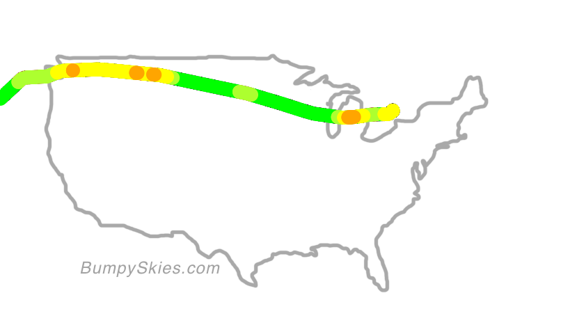 Map of continental US with illustrated flight path and turbulence forecast (described in text below)