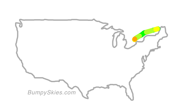 Map of continental US with illustrated flight path and turbulence forecast (described in text below)