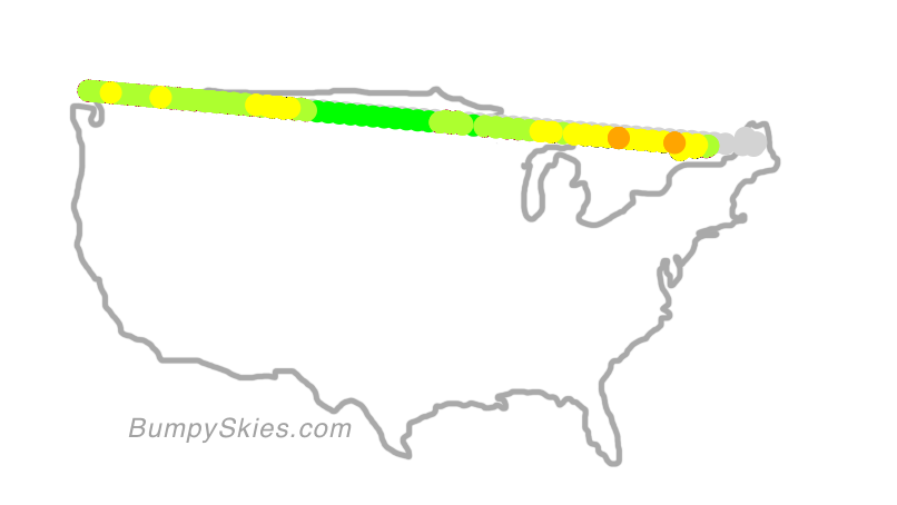 Map of continental US with illustrated flight path and turbulence forecast (described in text below)