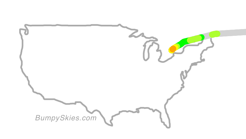 Map of continental US with illustrated flight path and turbulence forecast (described in text below)