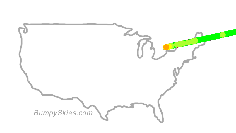 Map of continental US with illustrated flight path and turbulence forecast (described in text below)