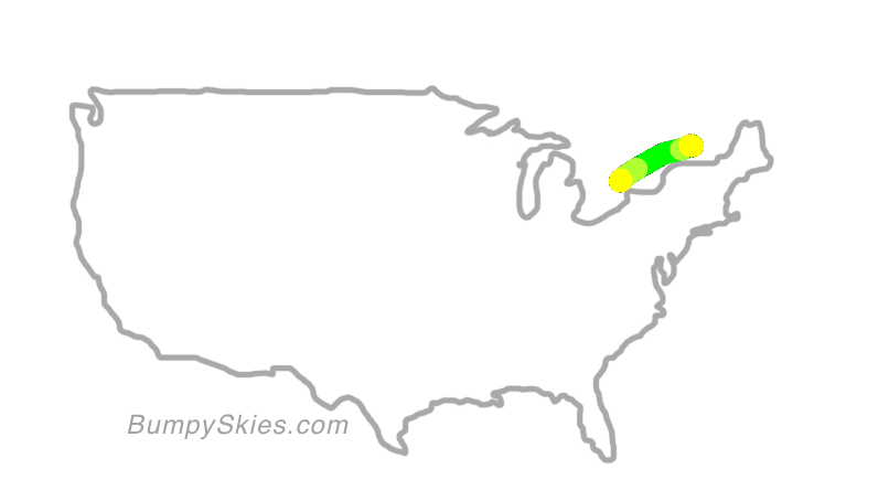 Map of continental US with illustrated flight path and turbulence forecast (described in text below)