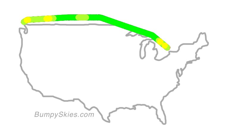 Map of continental US with illustrated flight path and turbulence forecast (described in text below)