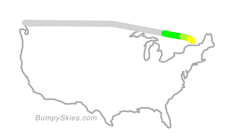 Map of continental US with illustrated flight path and turbulence forecast (described in text below)