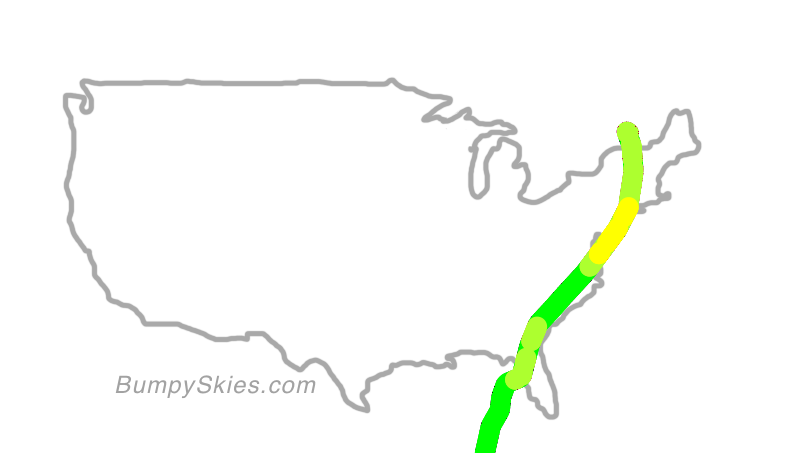 Map of continental US with illustrated flight path and turbulence forecast (described in text below)