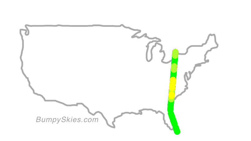 Map of continental US with illustrated flight path and turbulence forecast (described in text below)
