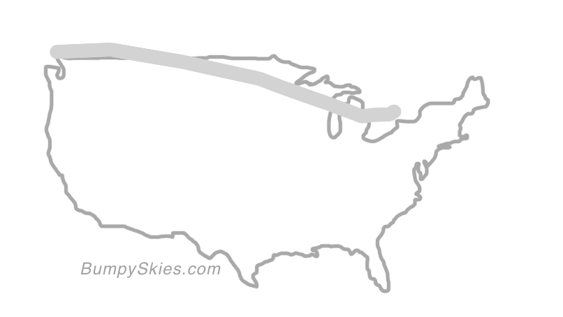 Map of continental US with illustrated flight path and turbulence forecast (described in text below)