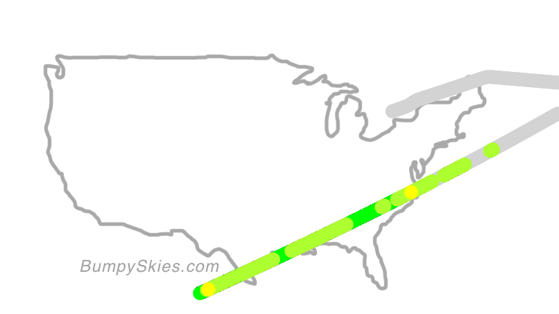 Map of continental US with illustrated flight path and turbulence forecast (described in text below)