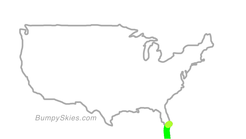 Map of continental US with illustrated flight path and turbulence forecast (described in text below)