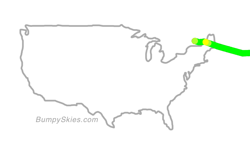 Map of continental US with illustrated flight path and turbulence forecast (described in text below)