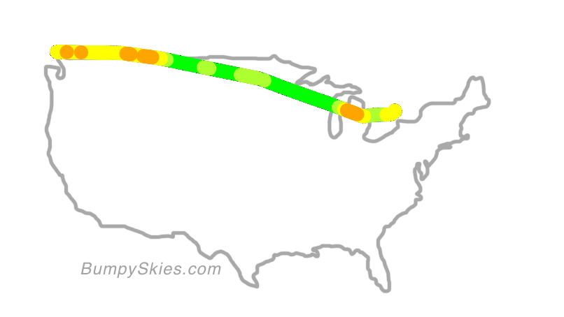 Map of continental US with illustrated flight path and turbulence forecast (described in text below)