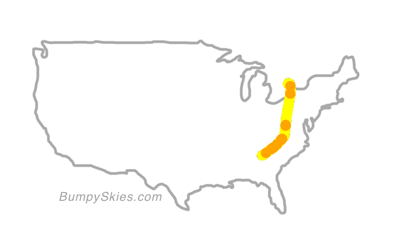 Map of continental US with illustrated flight path and turbulence forecast (described in text below)