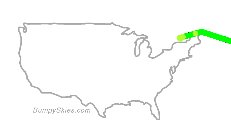Map of continental US with illustrated flight path and turbulence forecast (described in text below)