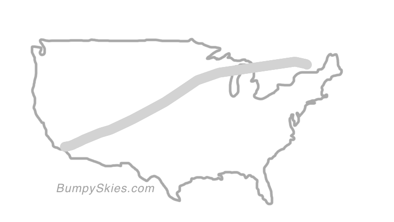 Map of continental US with illustrated flight path and turbulence forecast (described in text below)