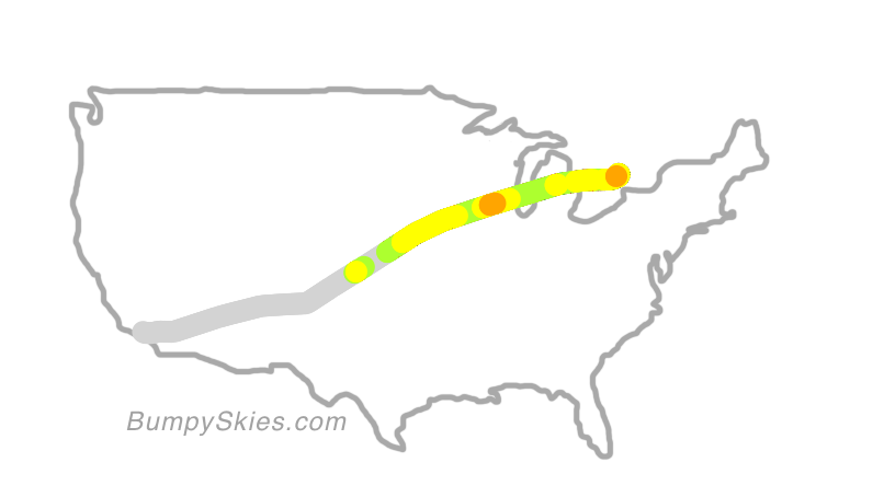 Map of continental US with illustrated flight path and turbulence forecast (described in text below)