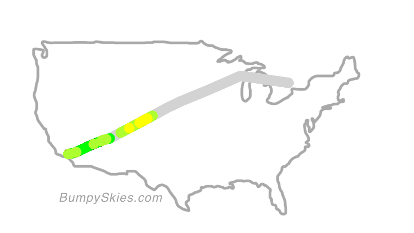 Map of continental US with illustrated flight path and turbulence forecast (described in text below)