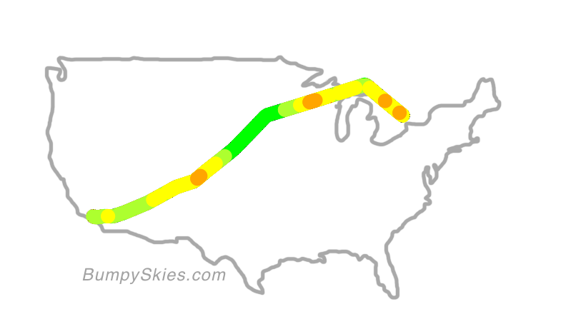 Map of continental US with illustrated flight path and turbulence forecast (described in text below)