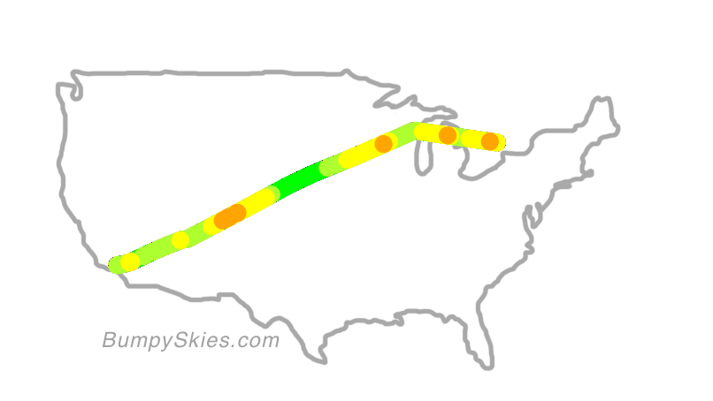 Map of continental US with illustrated flight path and turbulence forecast (described in text below)