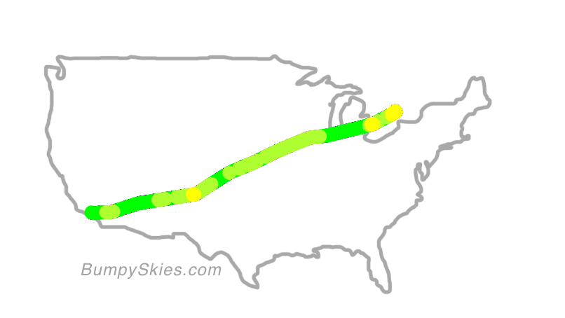 Map of continental US with illustrated flight path and turbulence forecast (described in text below)