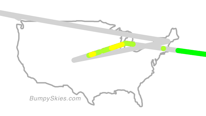 Map of continental US with illustrated flight path and turbulence forecast (described in text below)