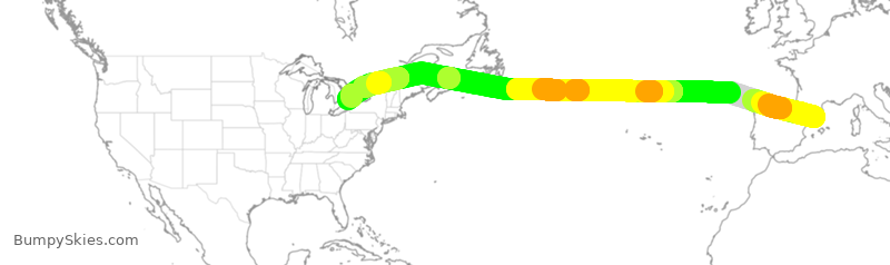 Turbulence forecast map for ACA821, BCN to YYZ