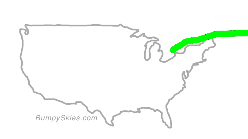 Map of continental US with illustrated flight path and turbulence forecast (described in text below)
