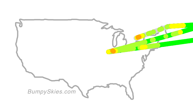 Map of continental US with illustrated flight path and turbulence forecast (described in text below)