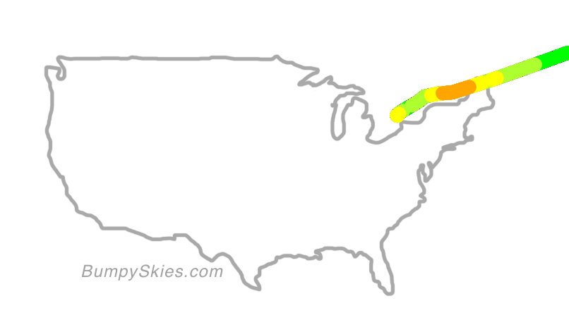 Map of continental US with illustrated flight path and turbulence forecast (described in text below)
