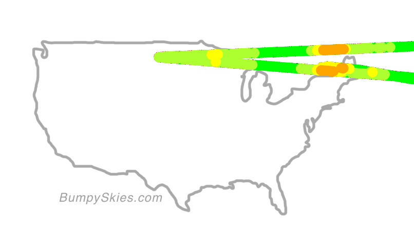 Map of continental US with illustrated flight path and turbulence forecast (described in text below)