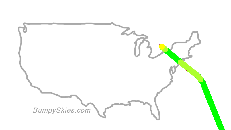 Map of continental US with illustrated flight path and turbulence forecast (described in text below)