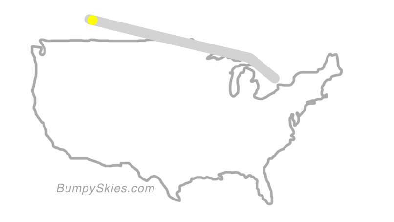 Map of continental US with illustrated flight path and turbulence forecast (described in text below)
