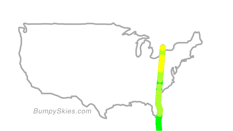 Map of continental US with illustrated flight path and turbulence forecast (described in text below)
