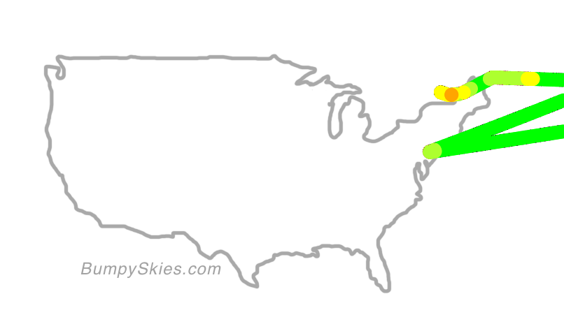 Map of continental US with illustrated flight path and turbulence forecast (described in text below)