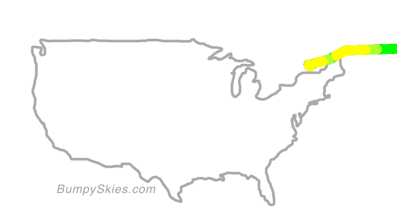 Map of continental US with illustrated flight path and turbulence forecast (described in text below)