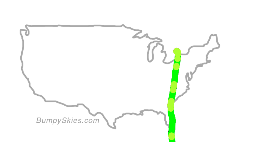 Map of continental US with illustrated flight path and turbulence forecast (described in text below)