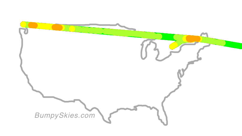 Map of continental US with illustrated flight path and turbulence forecast (described in text below)