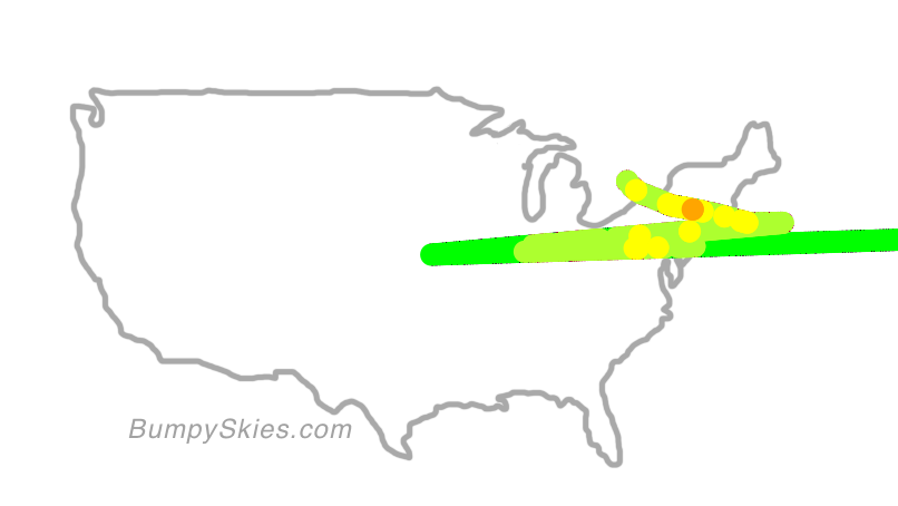 Map of continental US with illustrated flight path and turbulence forecast (described in text below)