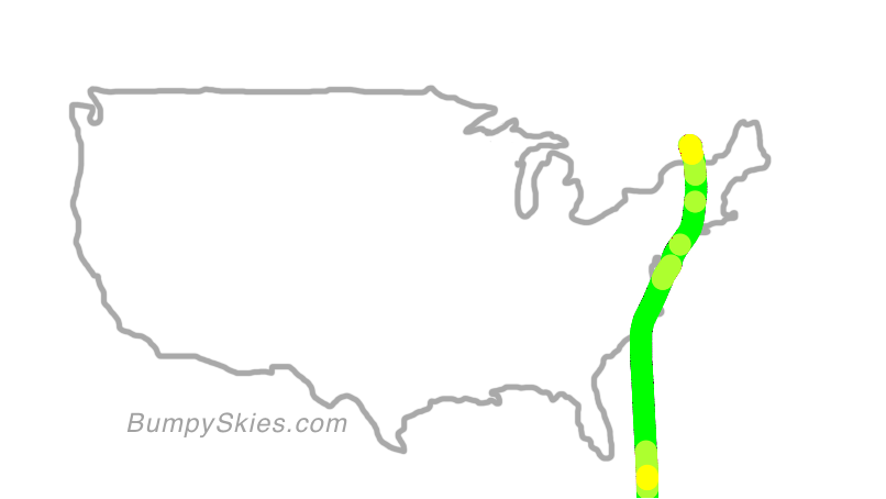 Map of continental US with illustrated flight path and turbulence forecast (described in text below)