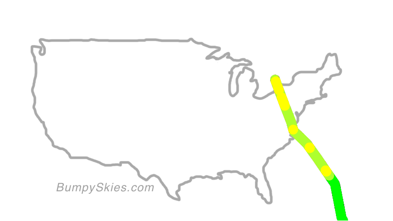 Map of continental US with illustrated flight path and turbulence forecast (described in text below)
