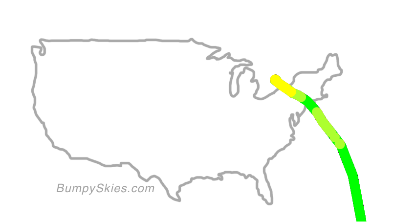 Map of continental US with illustrated flight path and turbulence forecast (described in text below)