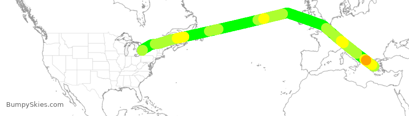 Turbulence forecast map for ACA921, ATH to YYZ
