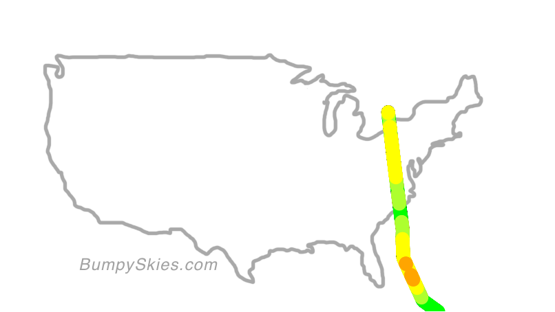 Map of continental US with illustrated flight path and turbulence forecast (described in text below)