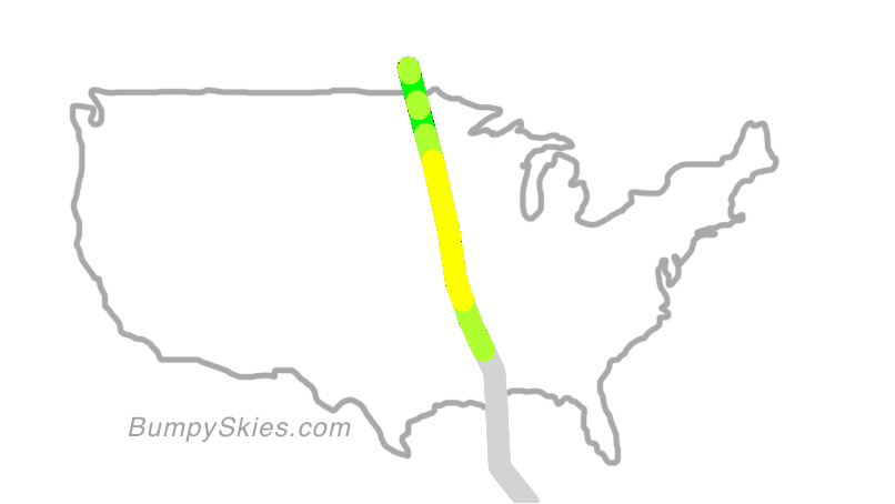 Map of continental US with illustrated flight path and turbulence forecast (described in text below)