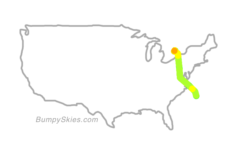 Map of continental US with illustrated flight path and turbulence forecast (described in text below)