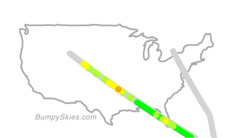 Map of continental US with illustrated flight path and turbulence forecast (described in text below)