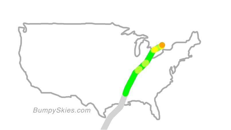 Map of continental US with illustrated flight path and turbulence forecast (described in text below)